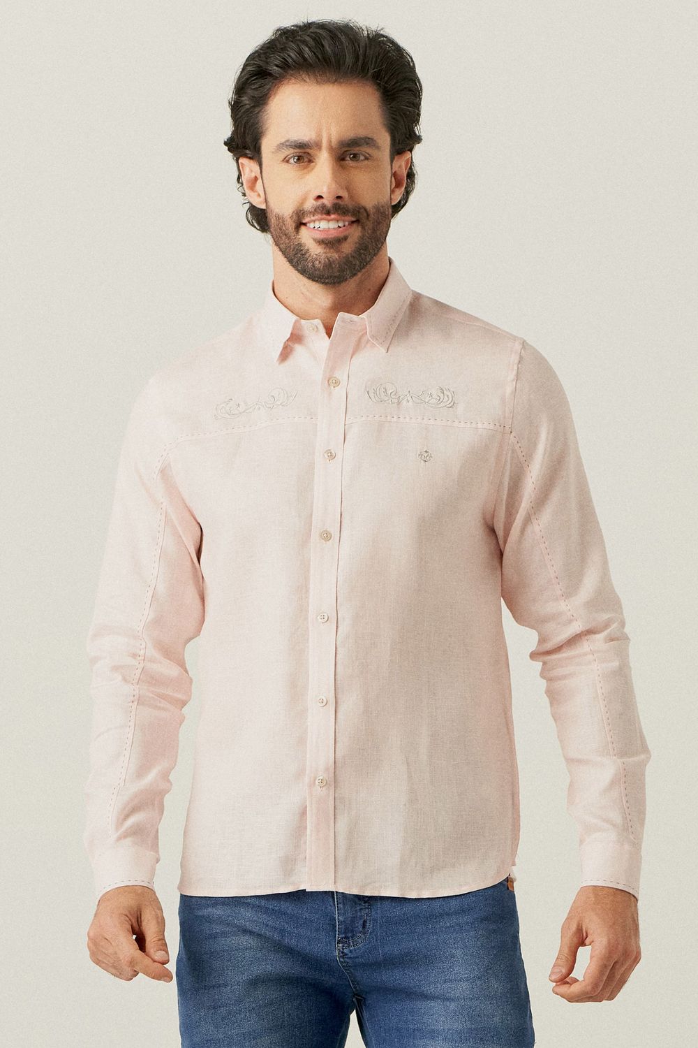 Camisa Slim Puro Linho Bordado ML Rosa