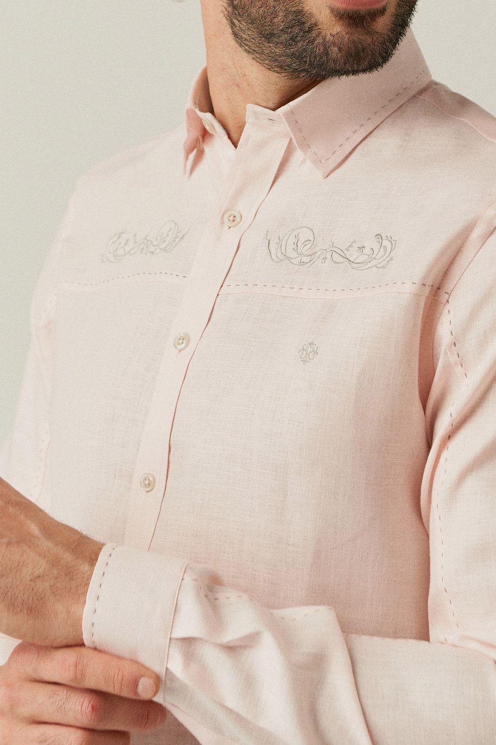Camisa Slim Puro Linho Bordado ML Rosa