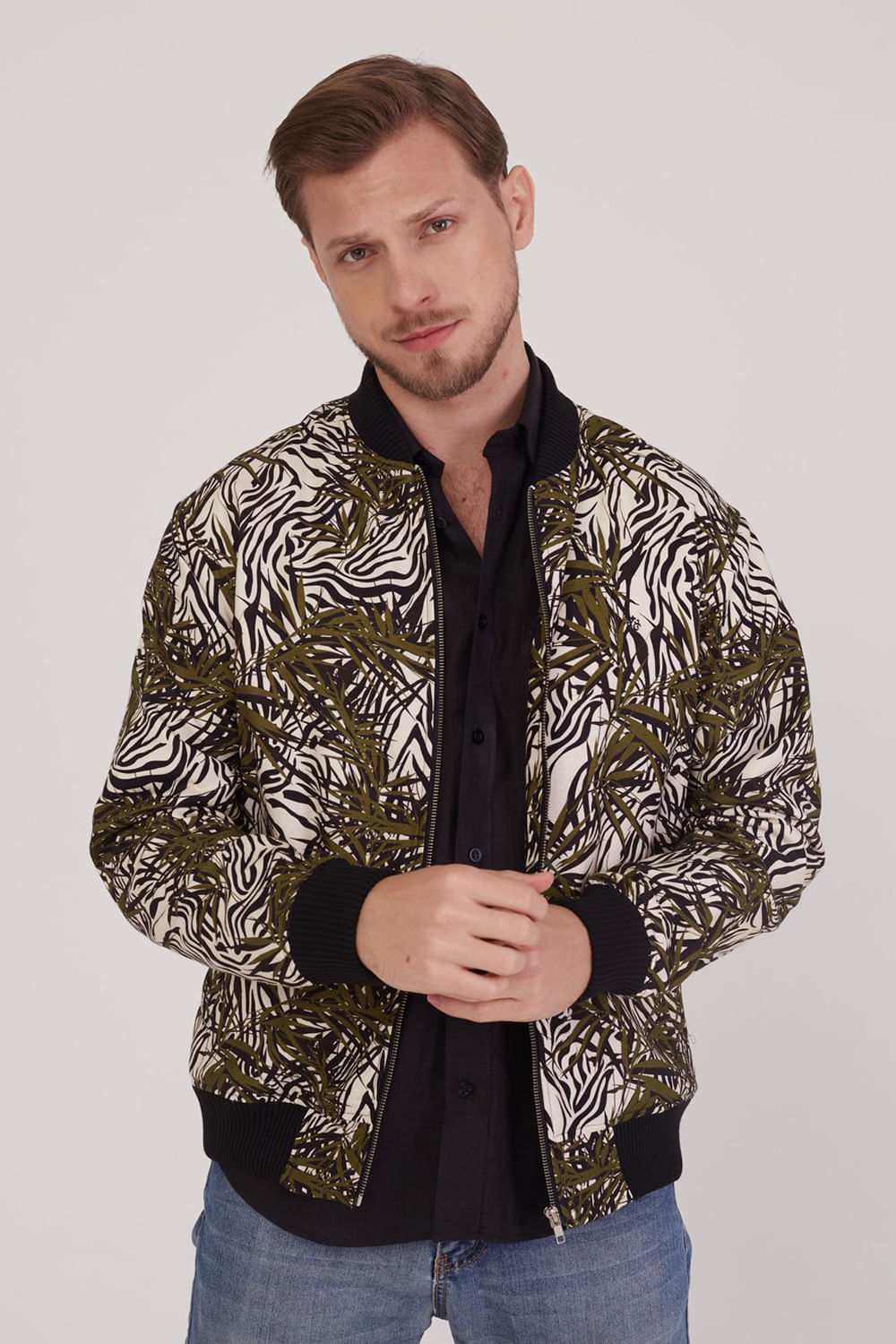 Jaqueta Bomber Estampada Verde Escuro