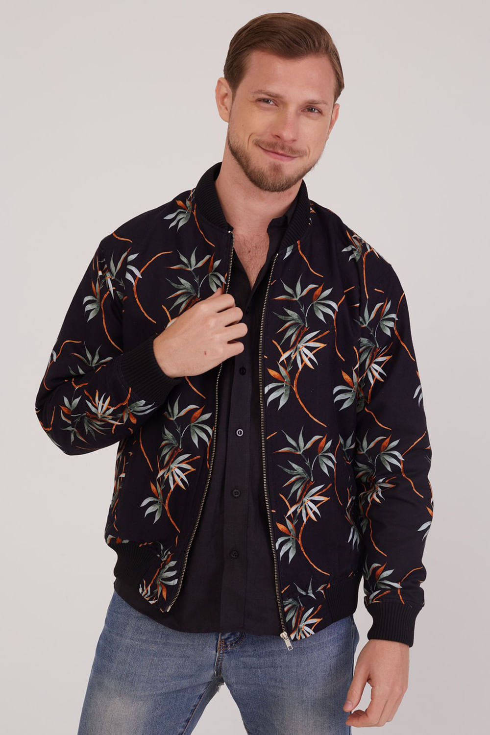 Jaqueta Bomber Estampada Preto