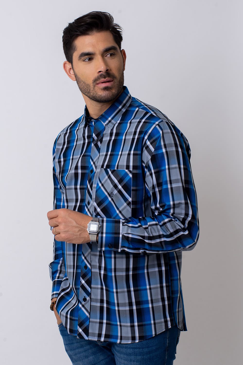 Camisa Xadrez Algodão Fio 50 Azul Escuro