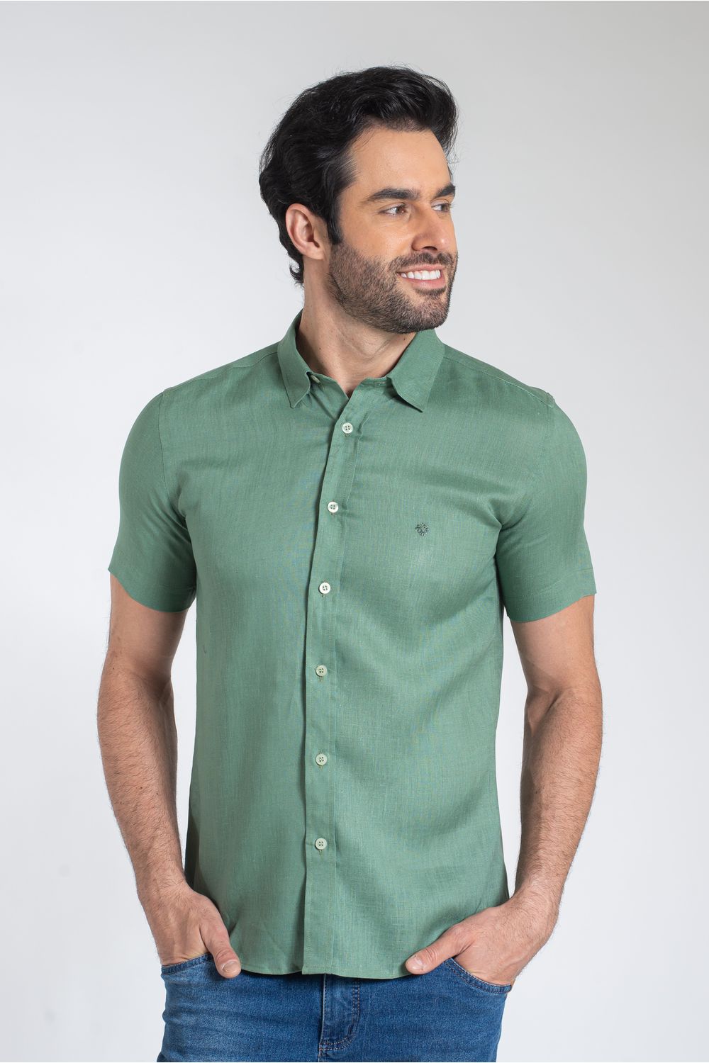 Camisa Slim Puro Linho Verde Escuro