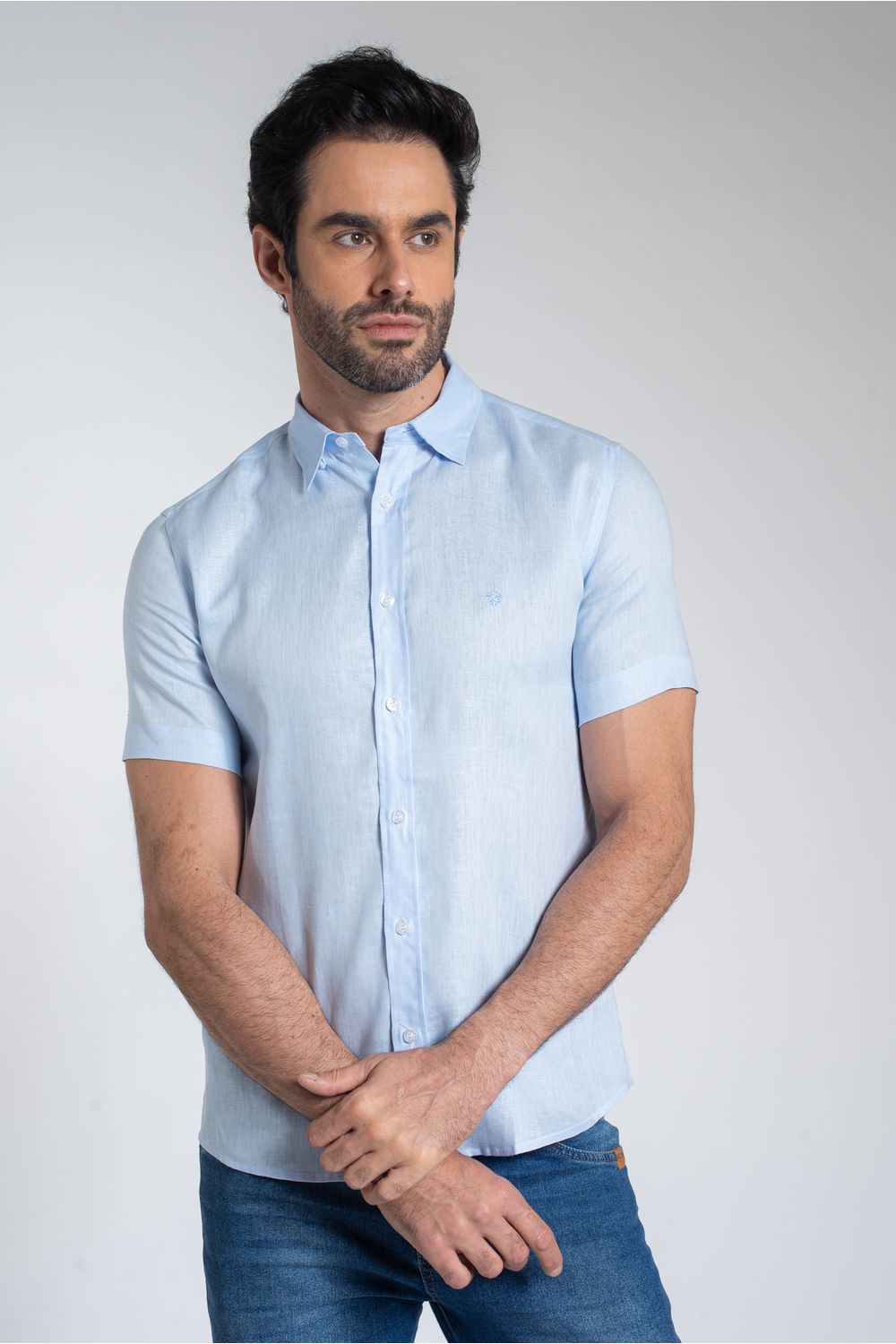 Camisa Slim Puro Linho Azul Claro