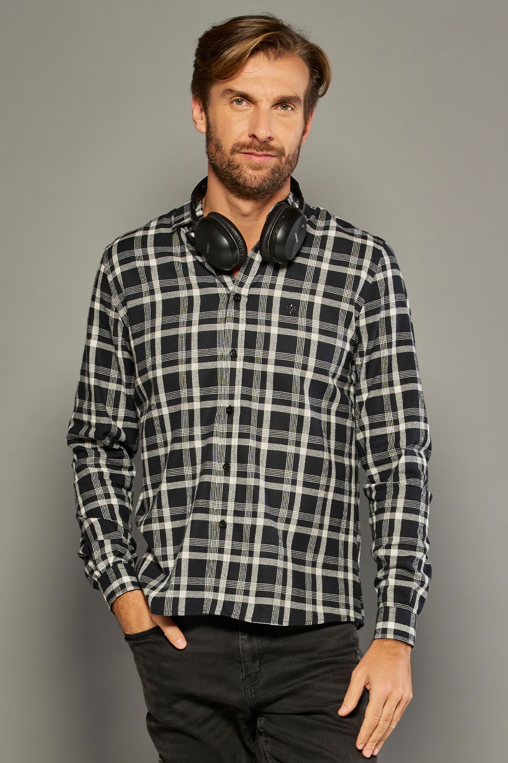 Camisa Xadrez em Flanela Slim ML Preto