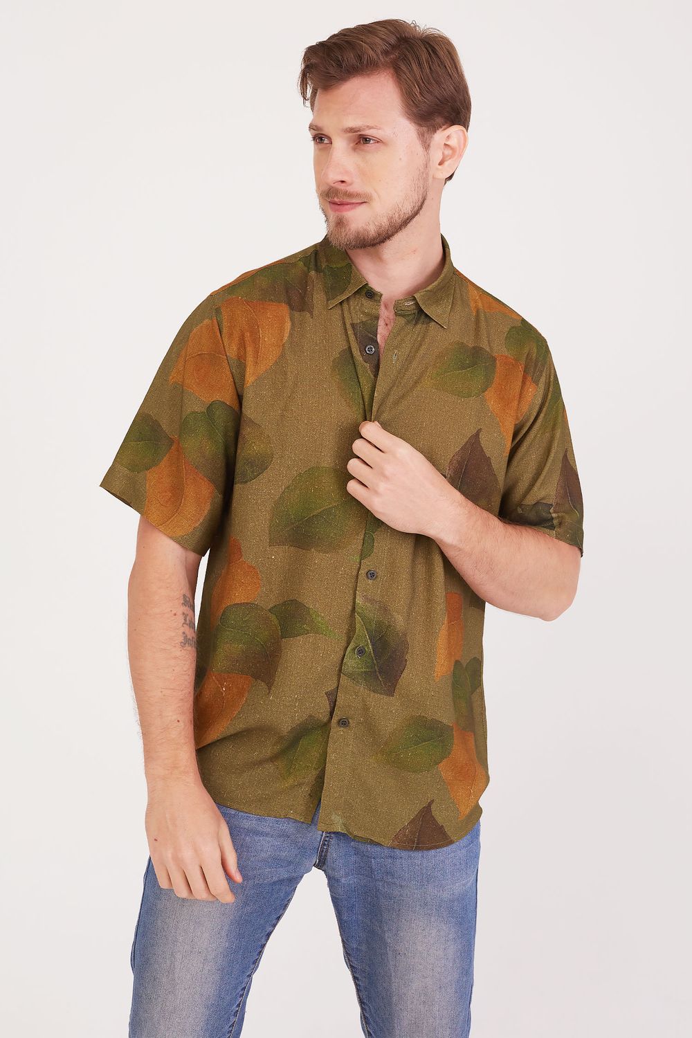 Camisa Estampada Linho c/ Modal MC Verde Escuro