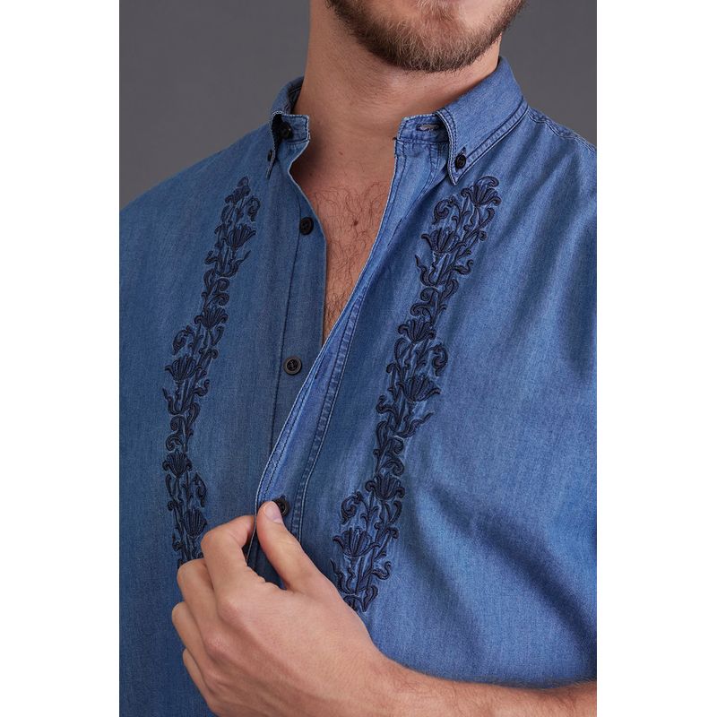 Camisa Jeans Bordada ML Azul Escuro