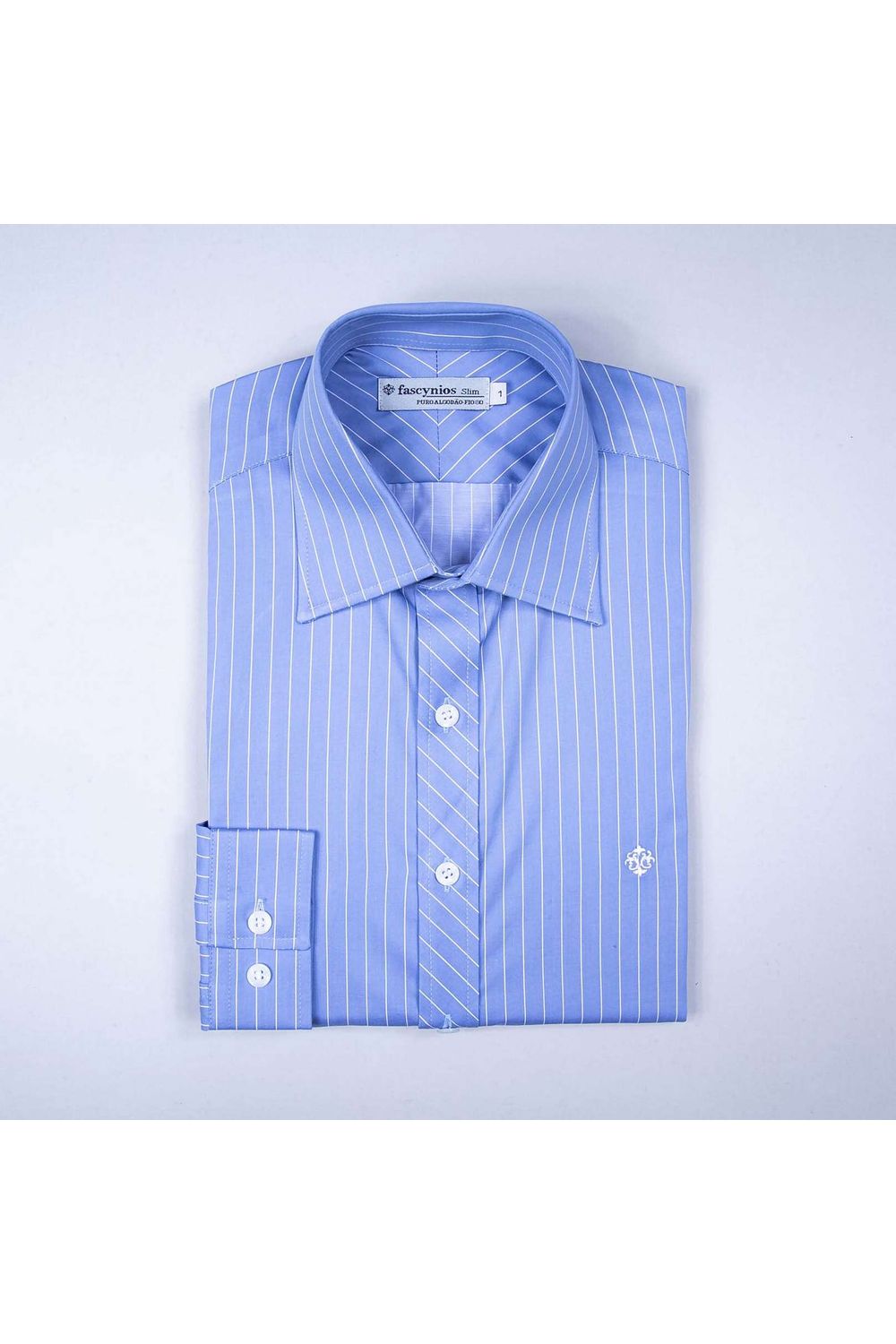 Camisa Slim Listrada Algodão Fio 80 ML Azul