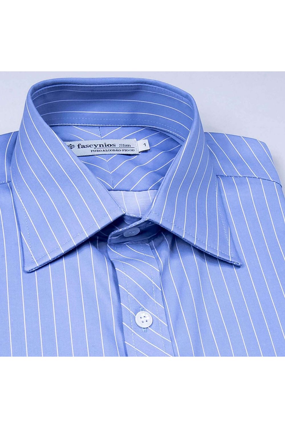 Camisa Slim Listrada Algodão Fio 80 ML Azul