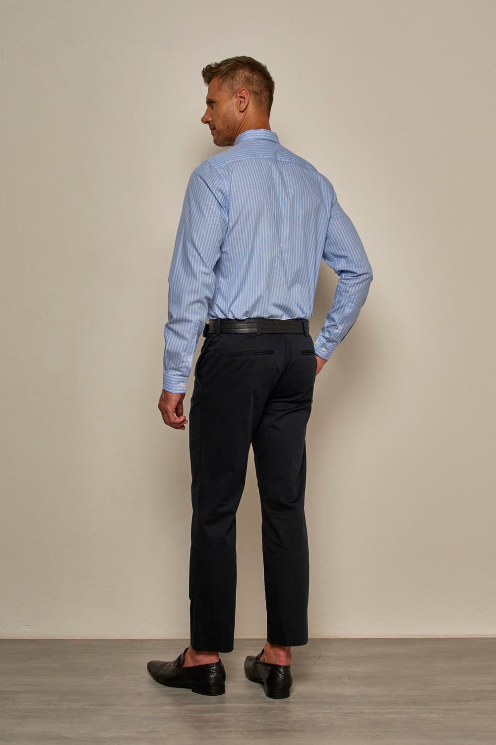 Camisa Slim Listrada Algodão ML Azul