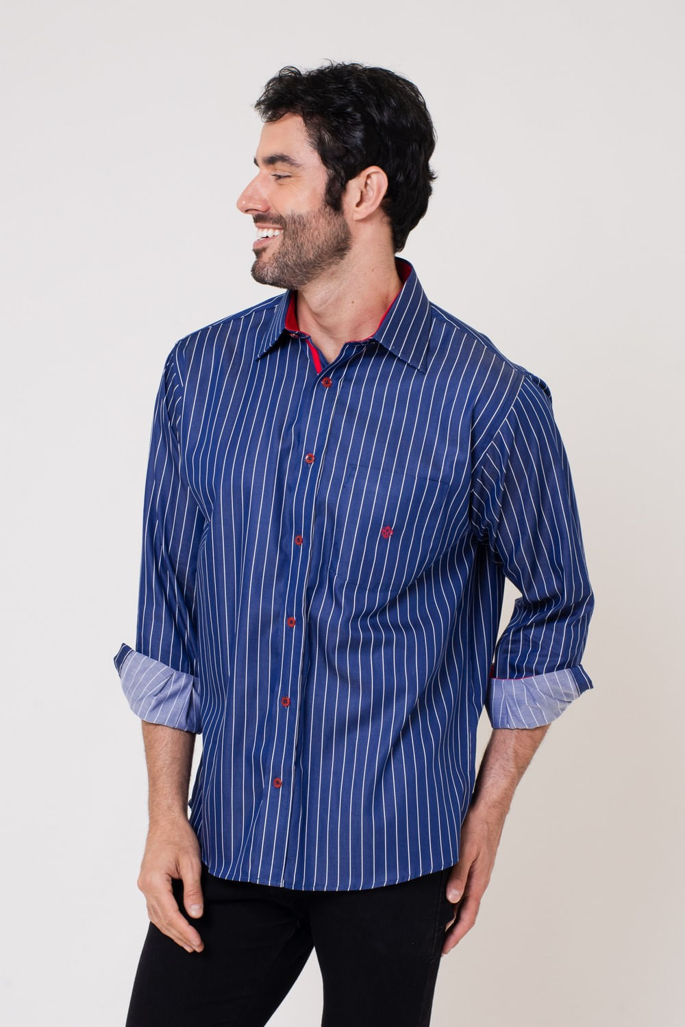 Camisa Listrada Algodão Fio 80 ML Azul Escuro