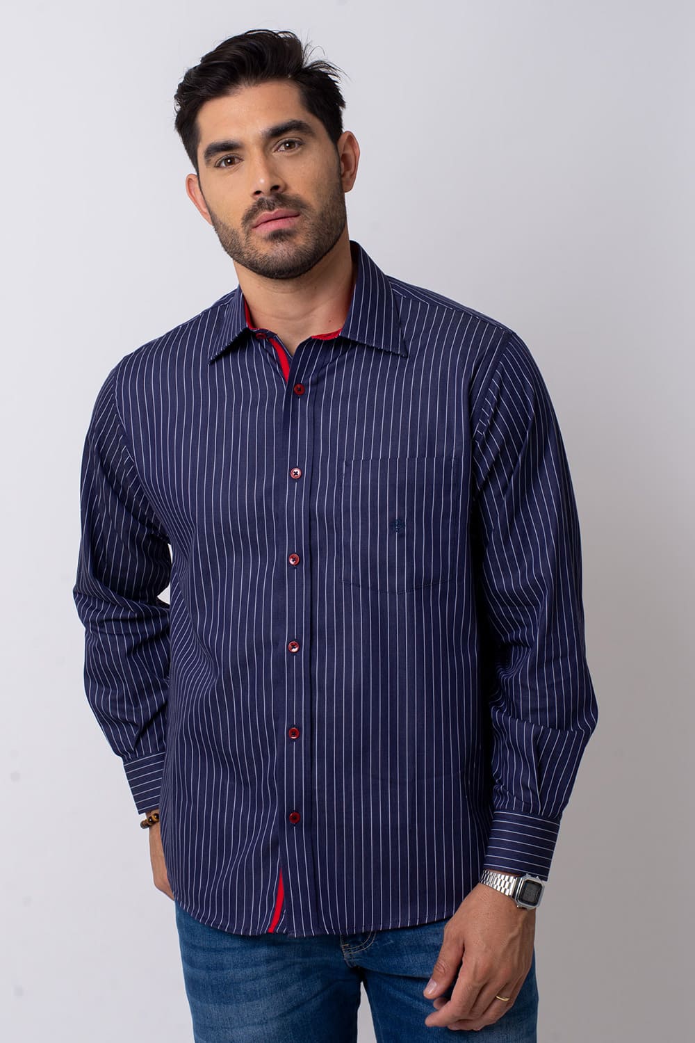 Camisa Listrada Algodão Fio 80 ML Azul Escuro