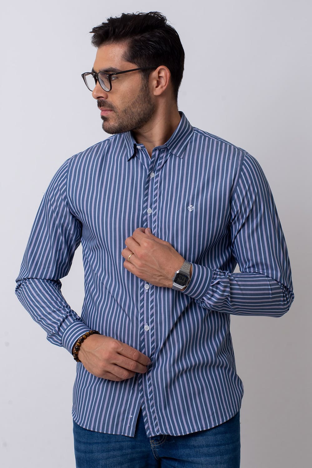 Camisa Slim Listrada Algodão Fio 80 ML Azul Escuro