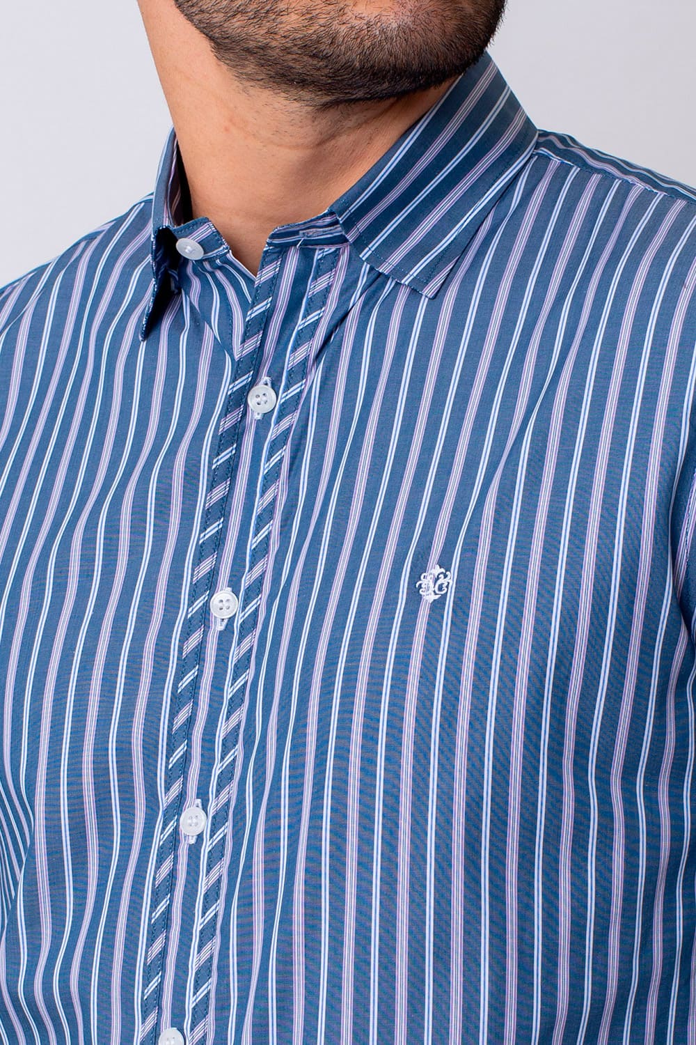 Camisa Slim Listrada Algodão Fio 80 ML Azul Escuro