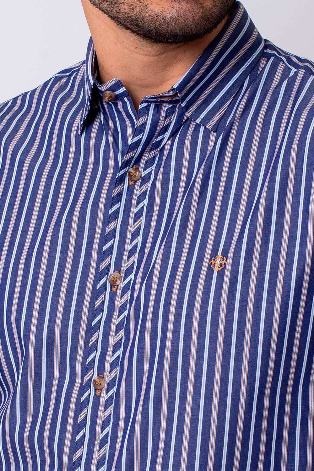 Camisa Slim Listrada Algodão Fio 80 ML Azul