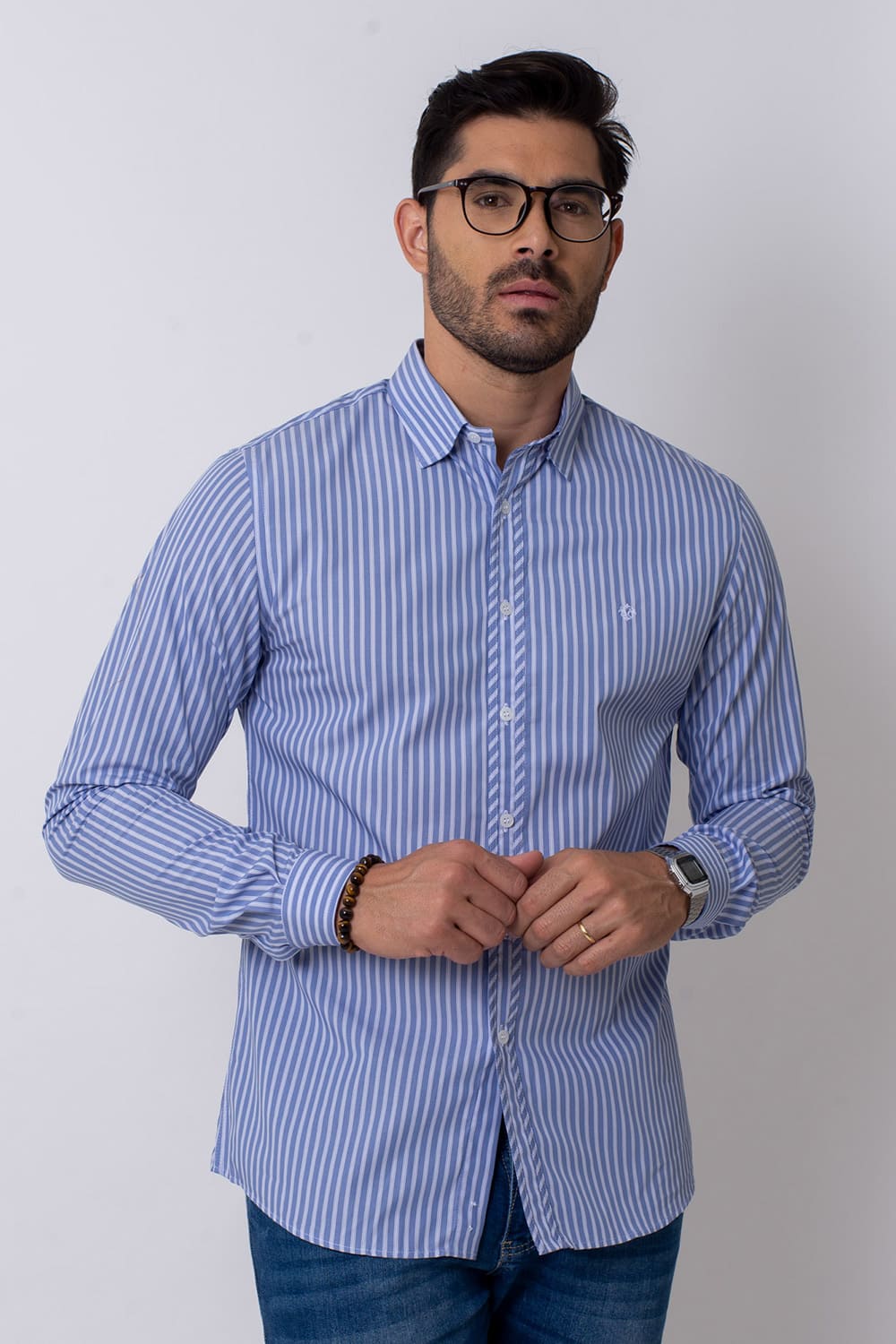 Camisa Slim Listrada Algodão Fio 80 ML Azul Médio