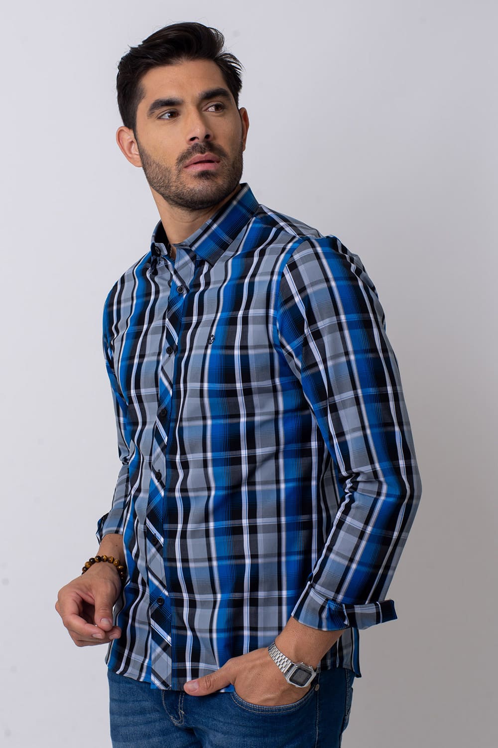 Camisa Slim Xadrez Algodão ML Azul Escuro