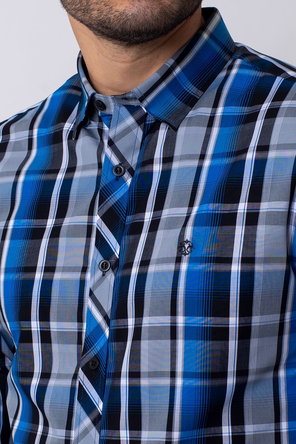 Camisa Slim Xadrez Algodão ML Azul Escuro