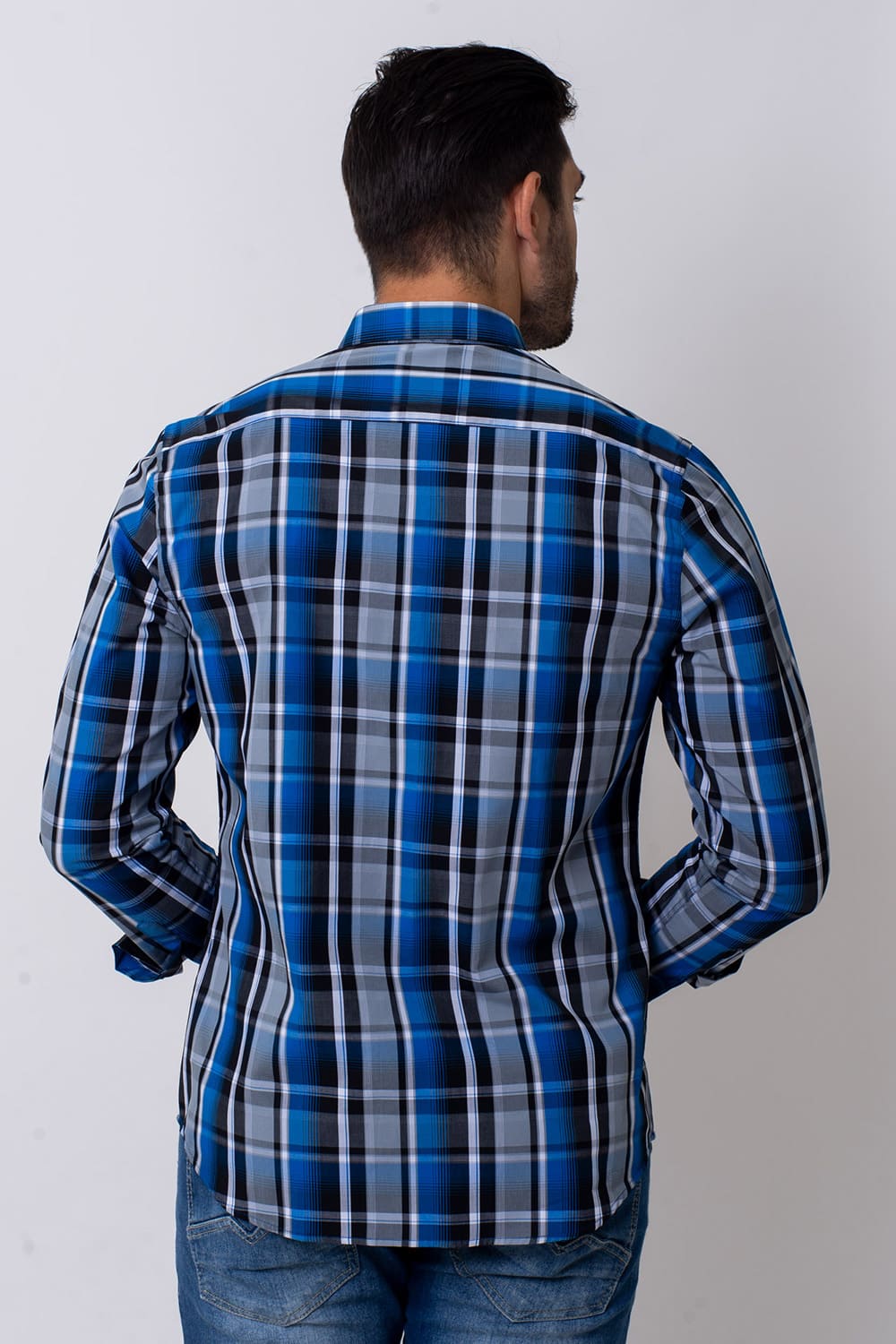 Camisa Slim Xadrez Algodão ML Azul Escuro
