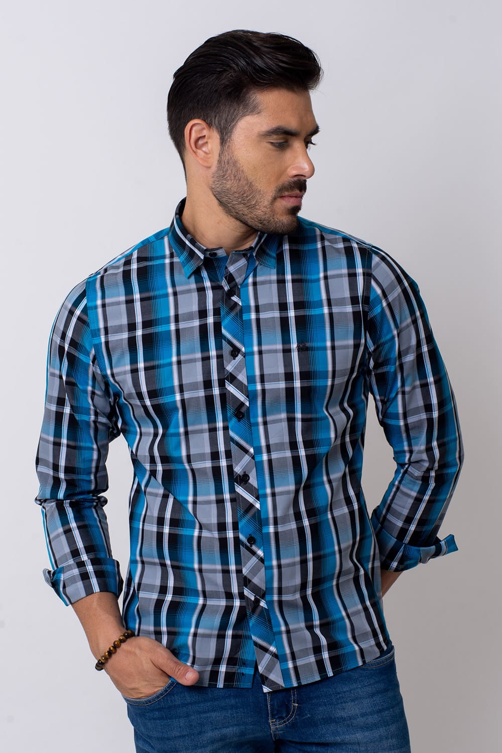 Camisa Slim Xadrez Algodão ML Azul