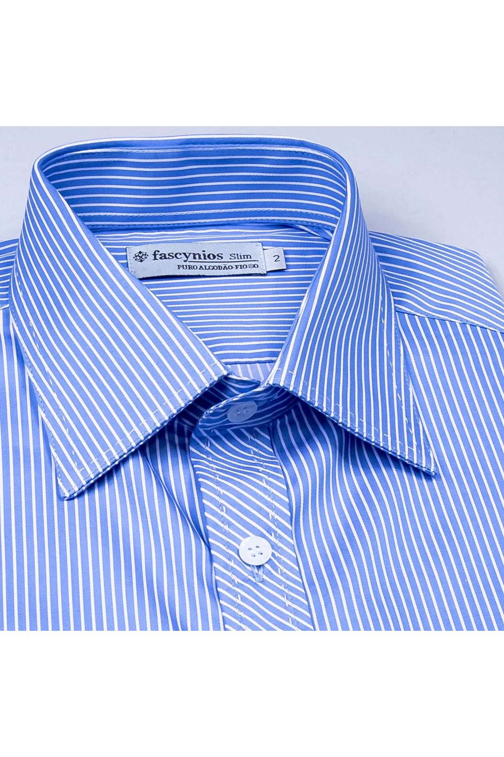 Camisa Slim Listrada Algodão Fio 80 ML Azul Claro