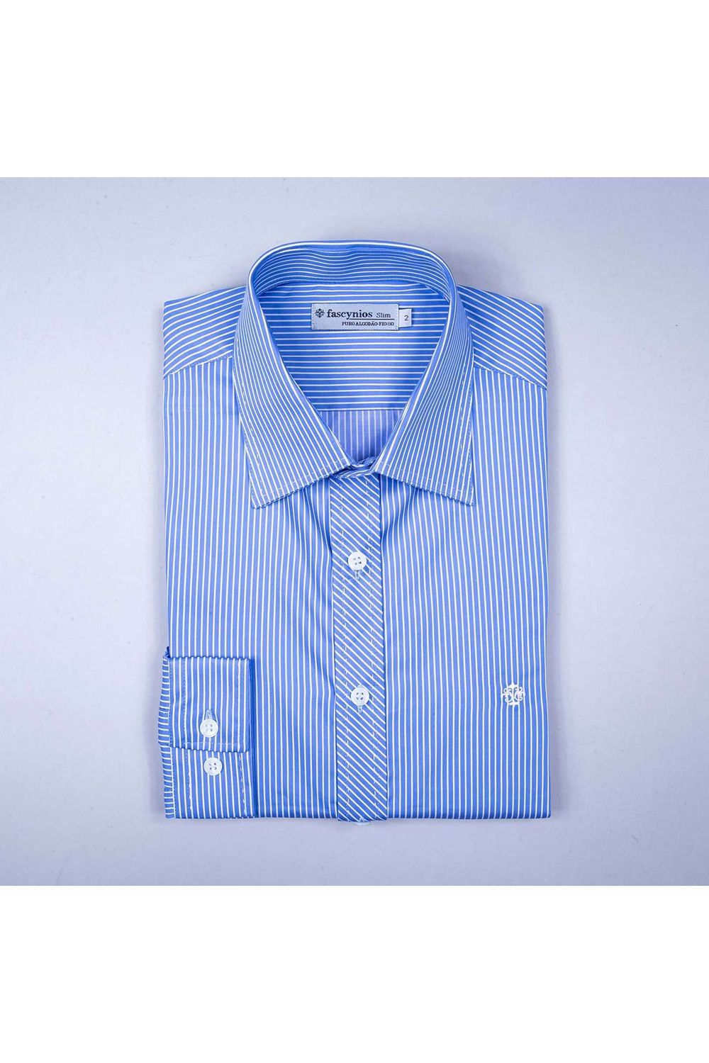 Camisa Slim Listrada Algodão Fio 80 ML Azul Claro