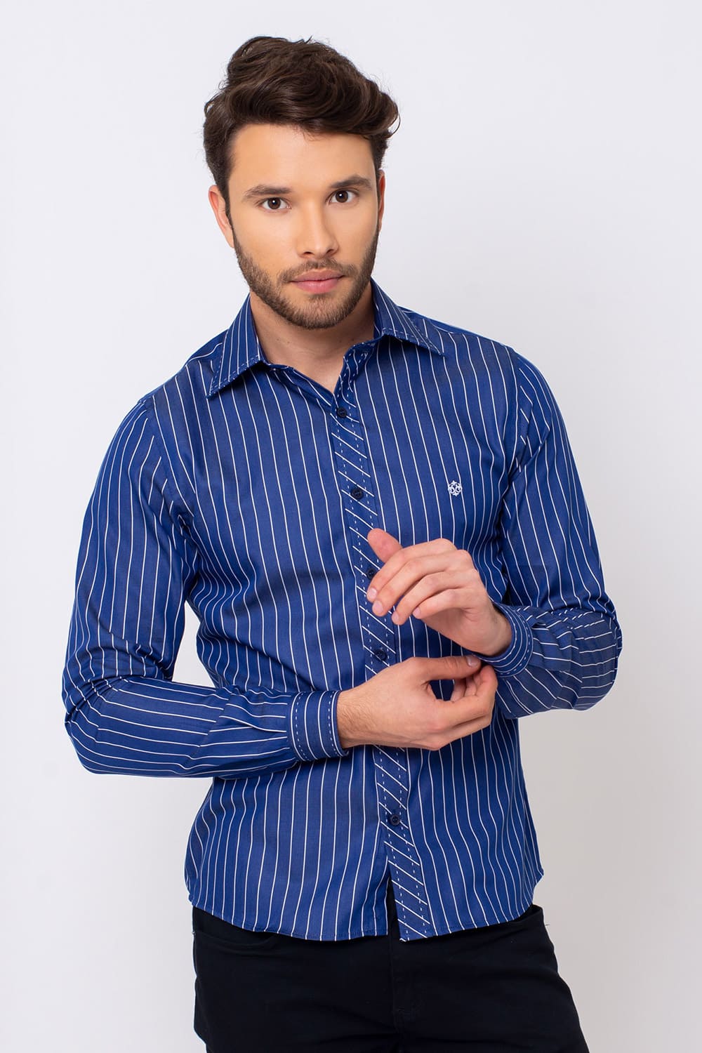 Camisa Slim Listrada Algodão Fio 80 ML Azul Escuro