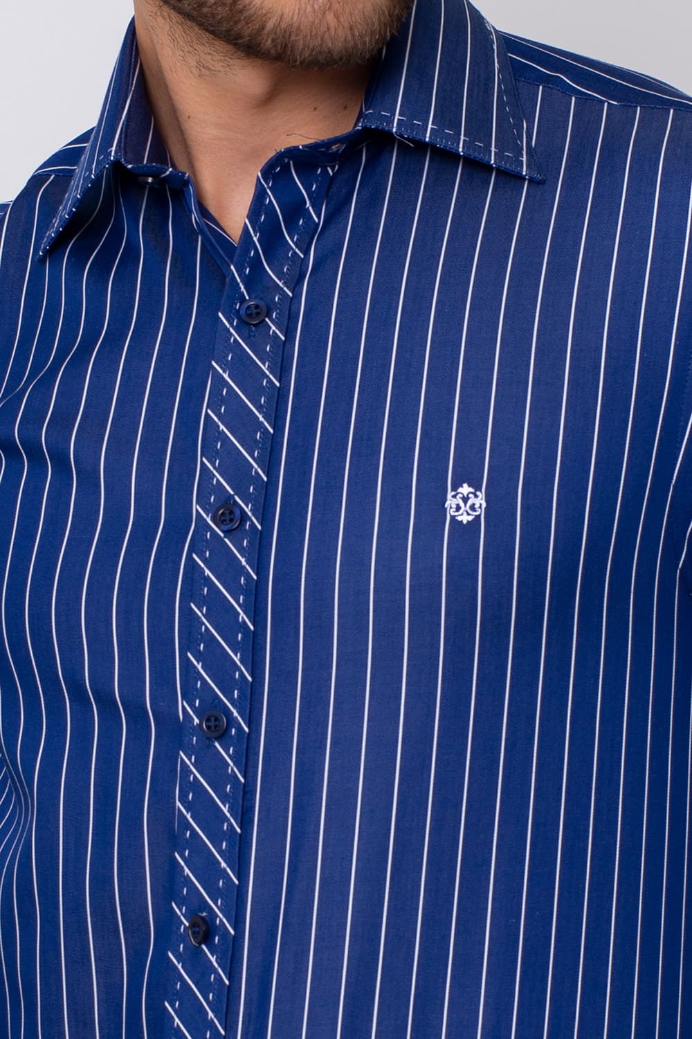 Camisa Slim Listrada Algodão Fio 80 ML Azul Escuro
