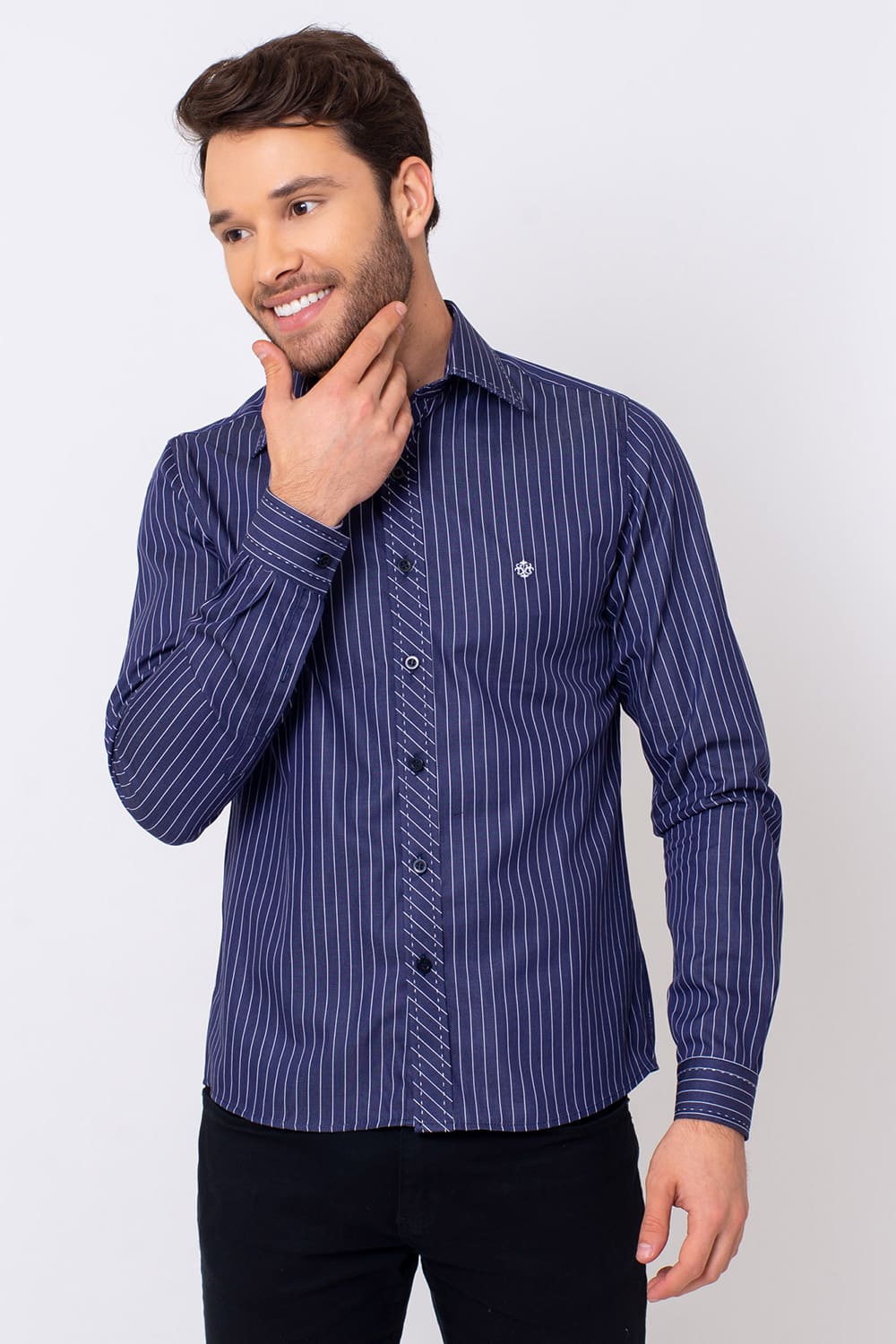 Camisa Slim Listrada Algodão Fio 80 ML Azul Escuro