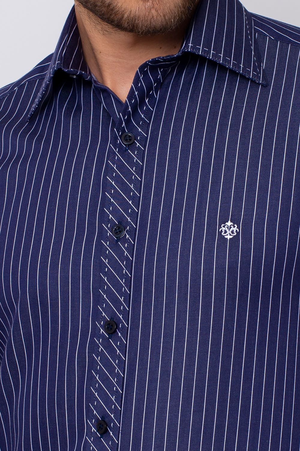 Camisa Slim Listrada Algodão Fio 80 ML Azul Escuro