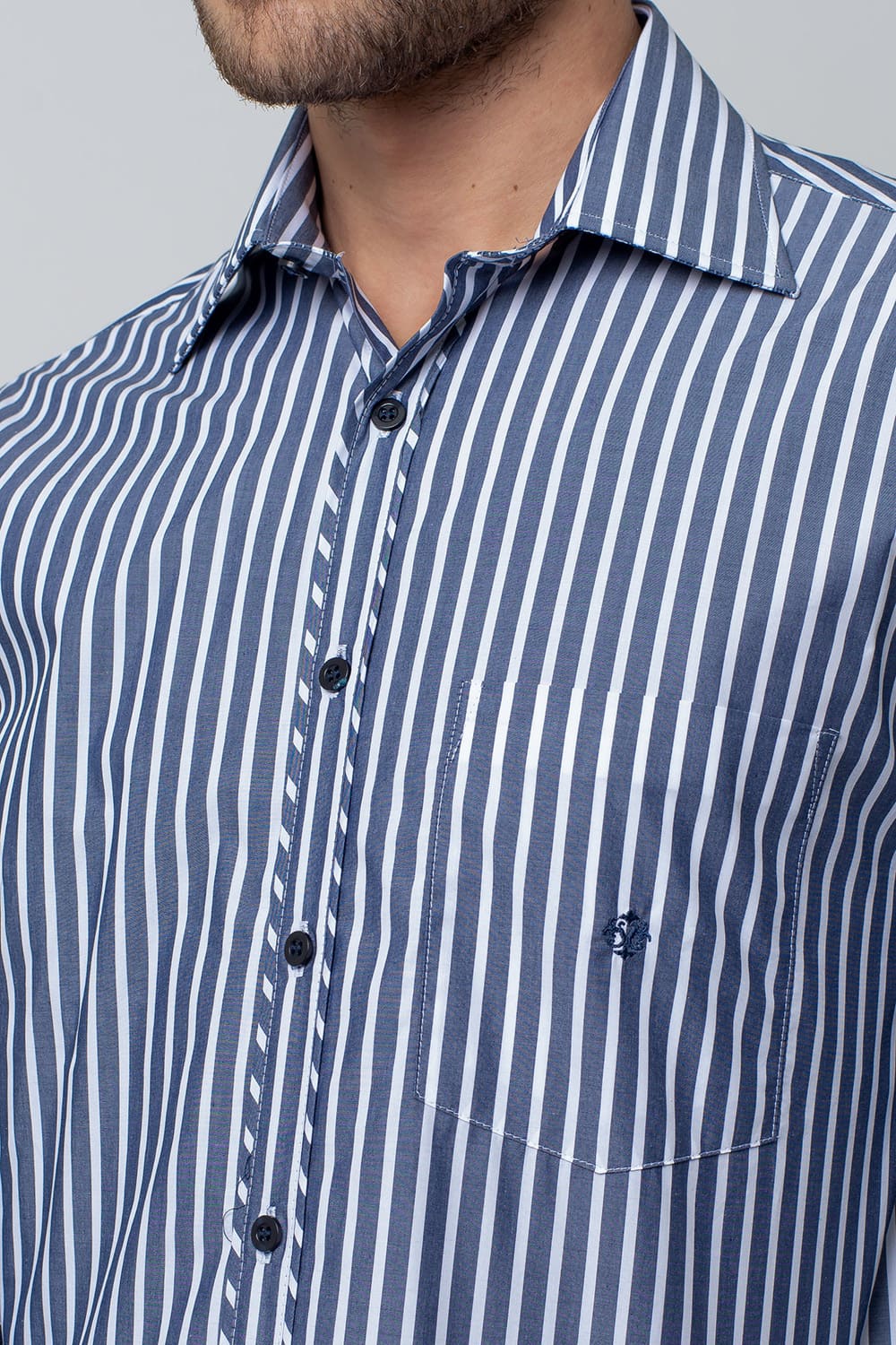 Camisa Listrada Algodão Fio 80 ML Azul Escuro