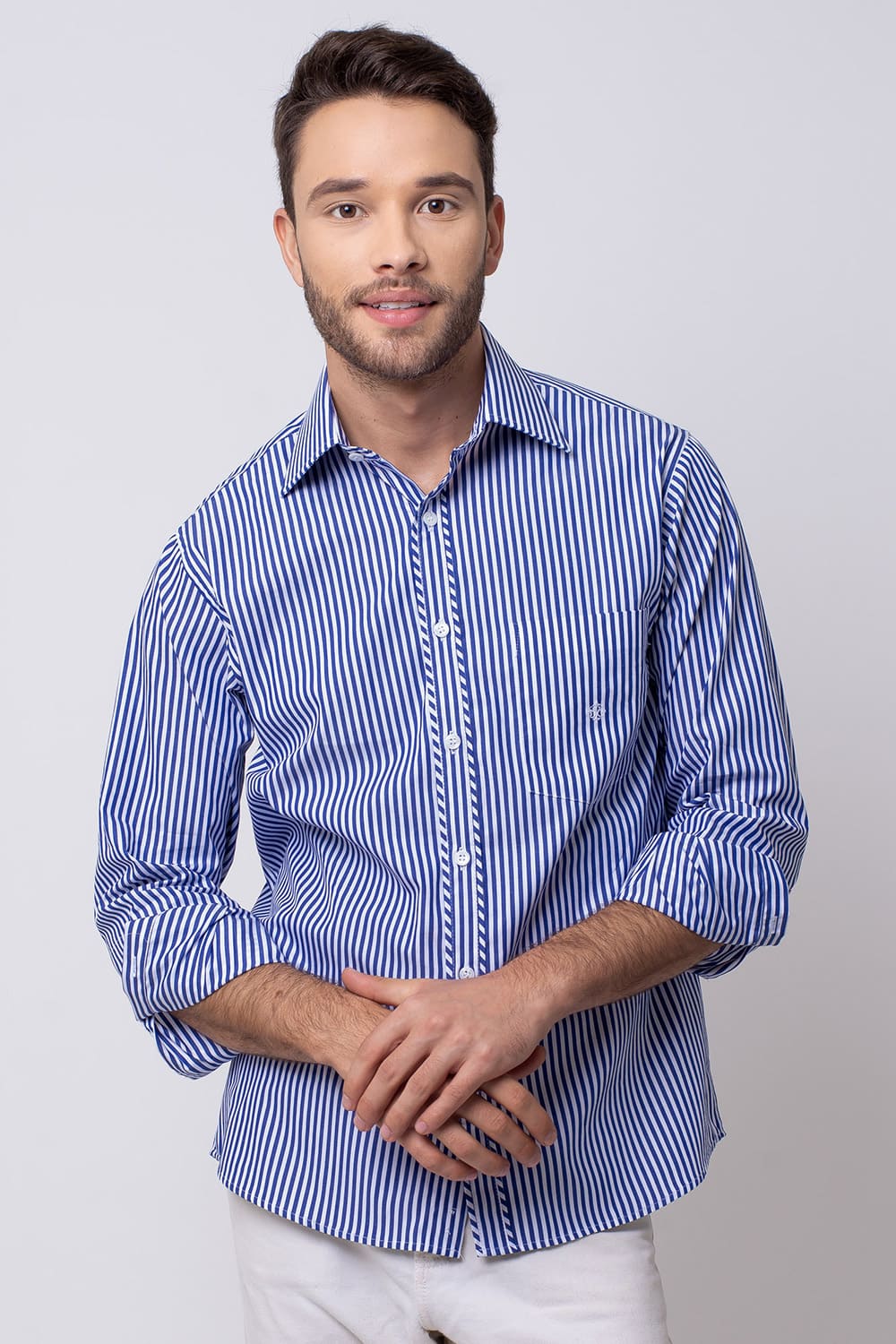 Camisa Listrada Algodão Fio 80 ML Azul Escuro