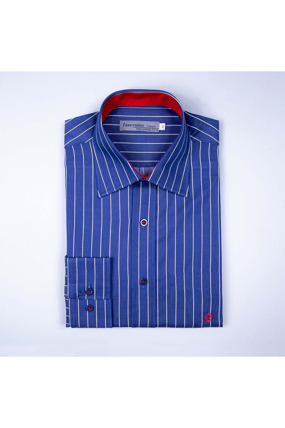 Camisa Slim Listrada Algodão Fio 80 ML Azul Escuro