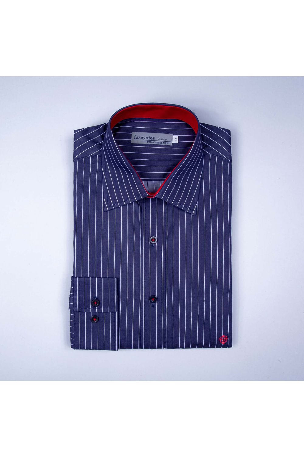 Camisa Slim Listrada Algodão Fio 80 ML Azul Escuro