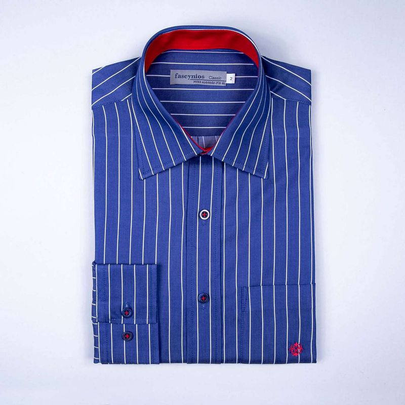 Camisa Listrada Algodão Fio 80 ML Azul Escuro