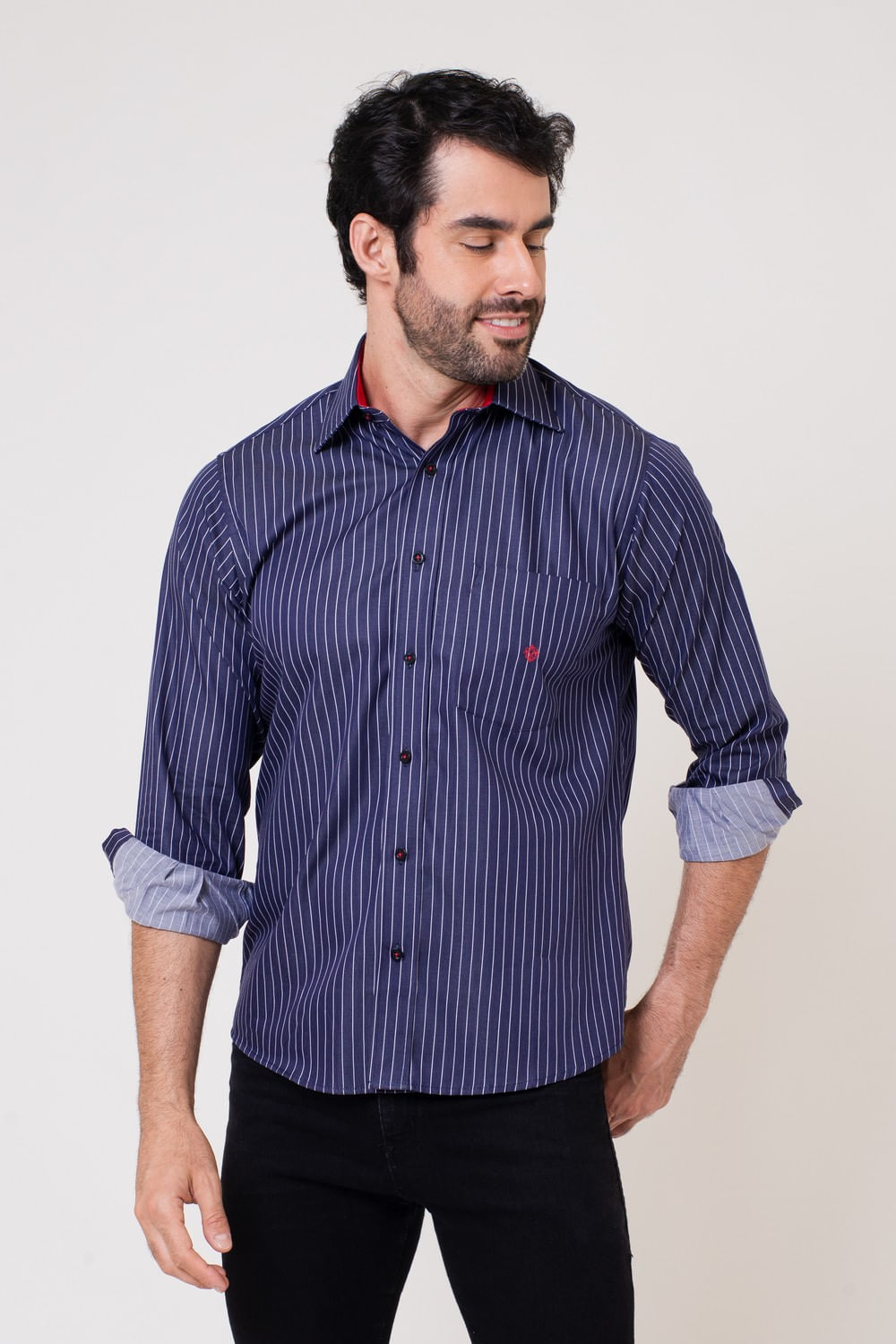 Camisa Listrada Algodão Fio 80 ML Azul Escuro