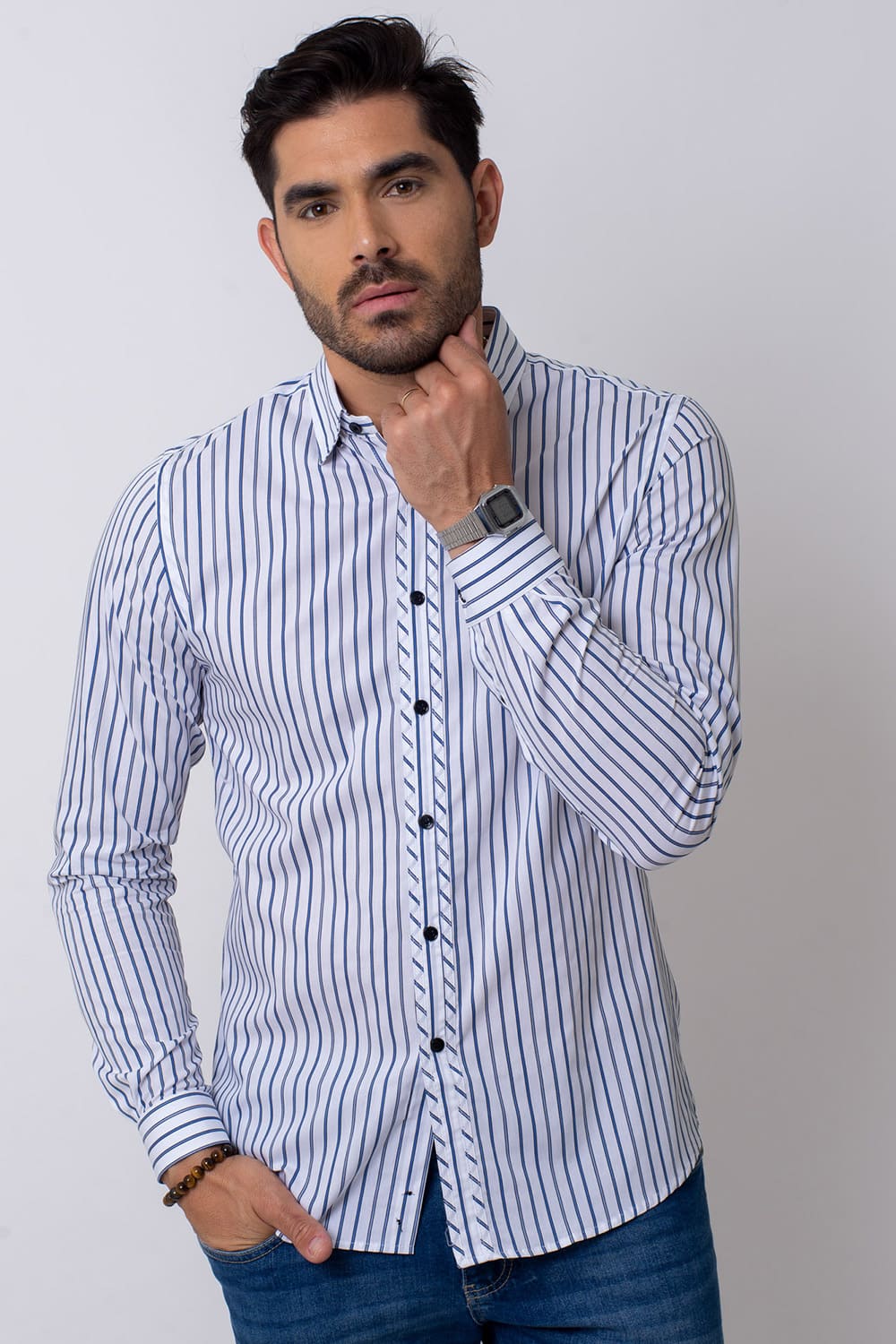 Camisa Slim Listrada Algodão ML Azul Médio