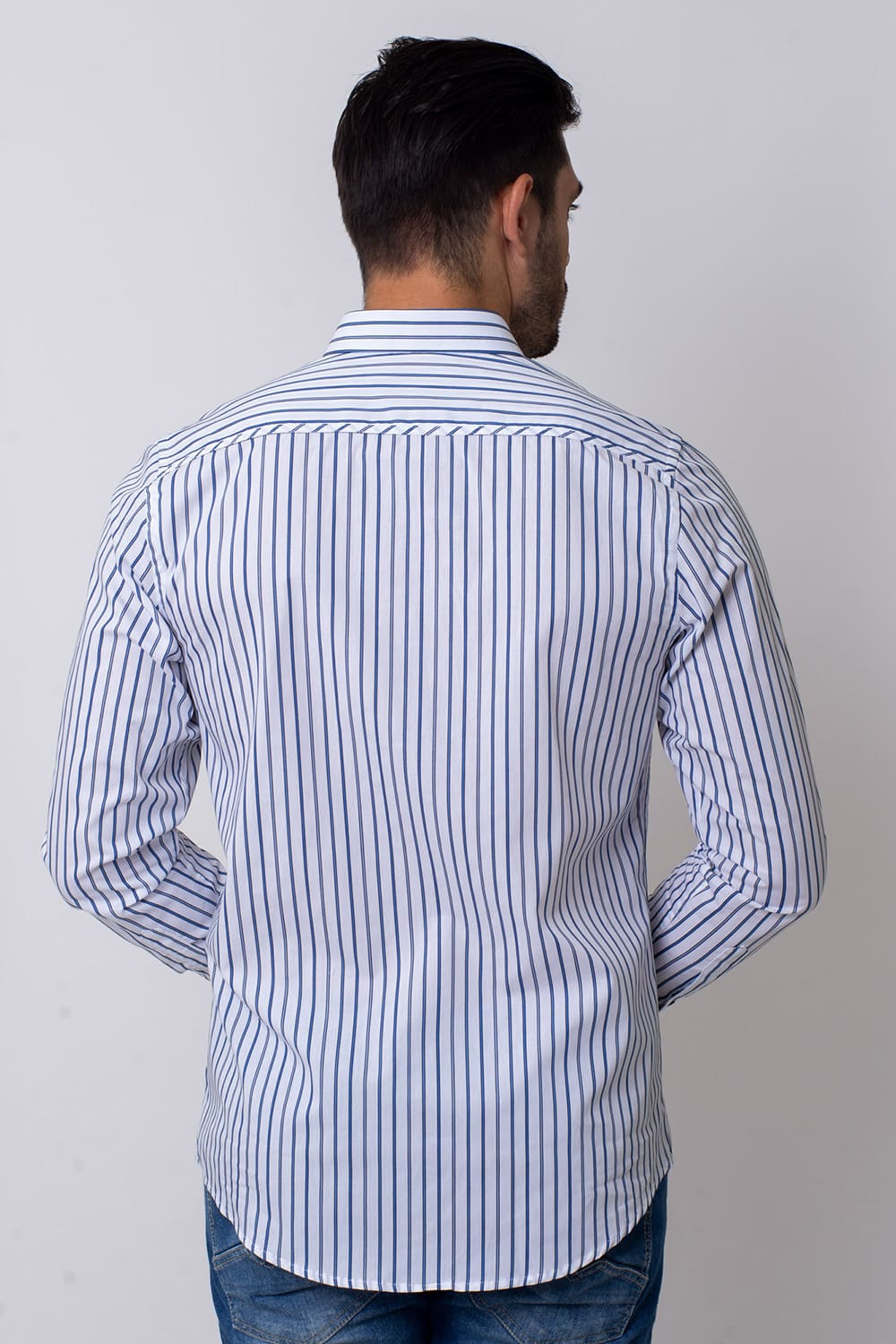 Camisa Slim Listrada Algodão ML Azul Médio
