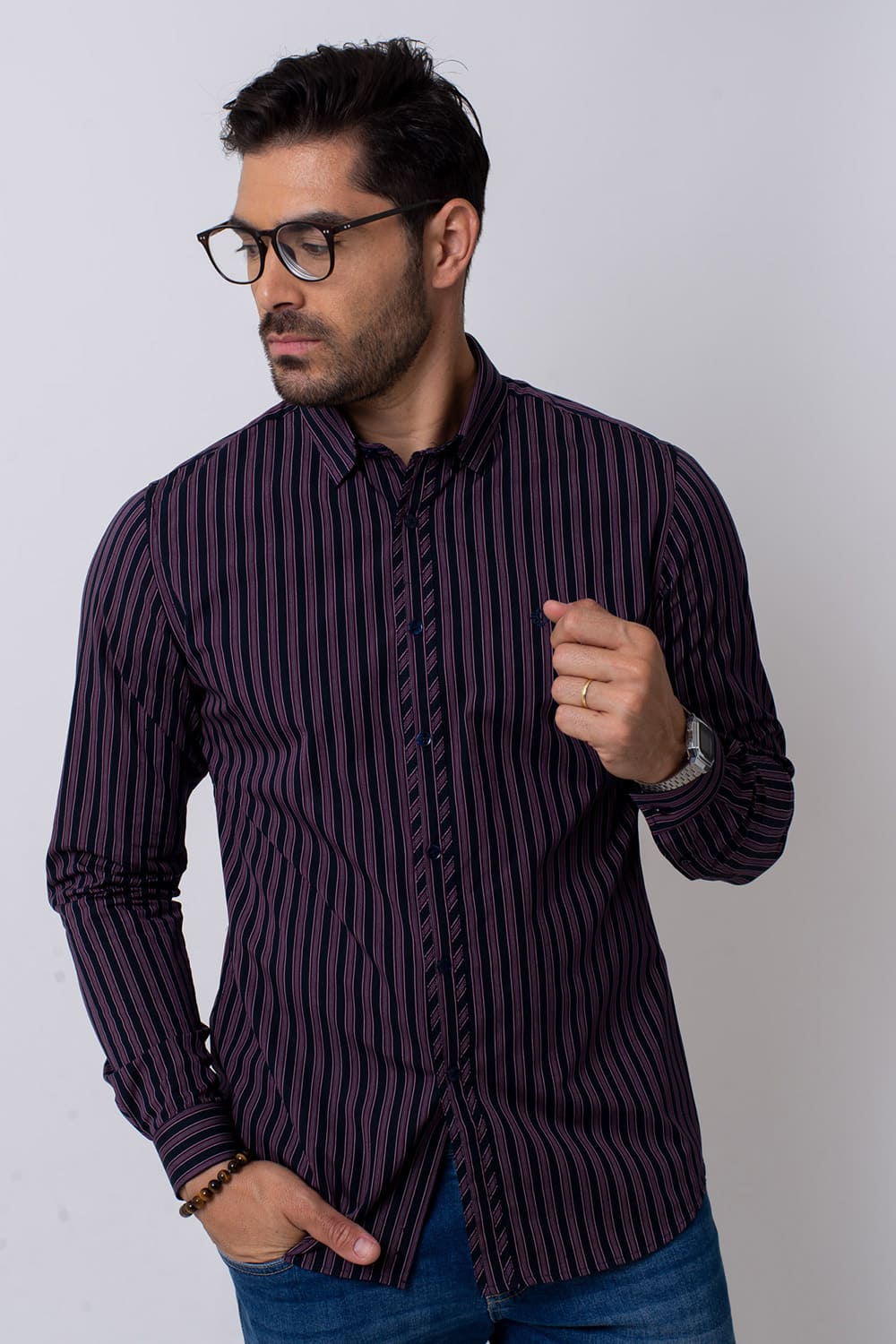 Camisa Slim Listrada Algodão ML Roxo