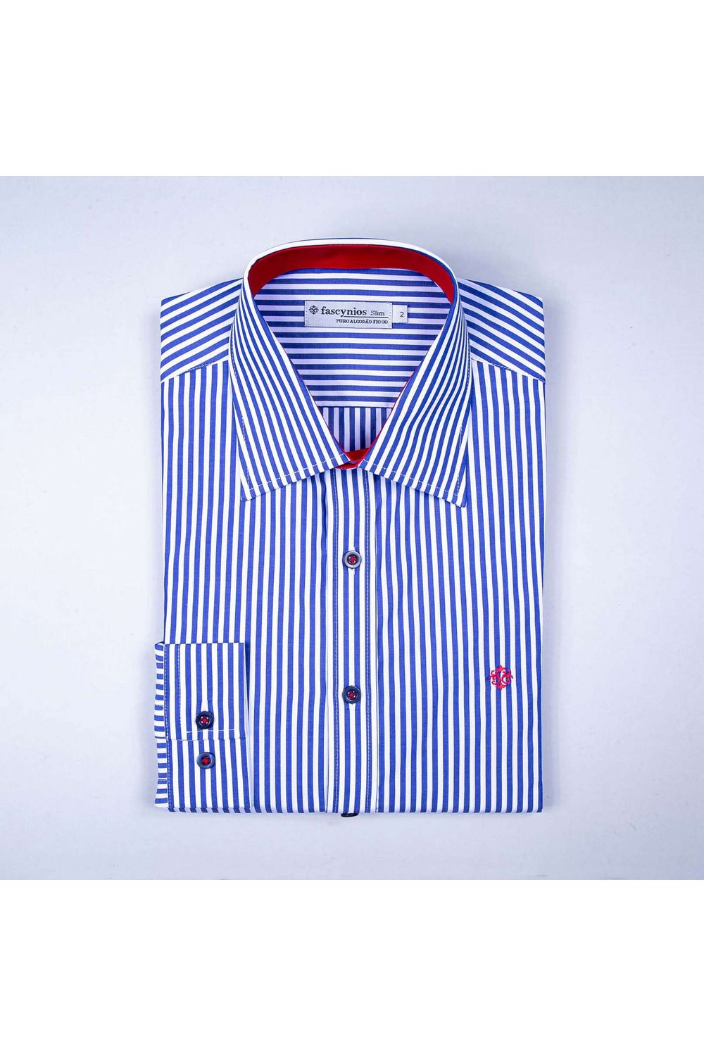 Camisa Slim Listrada Algodão Fio 80 ML Azul Escuro