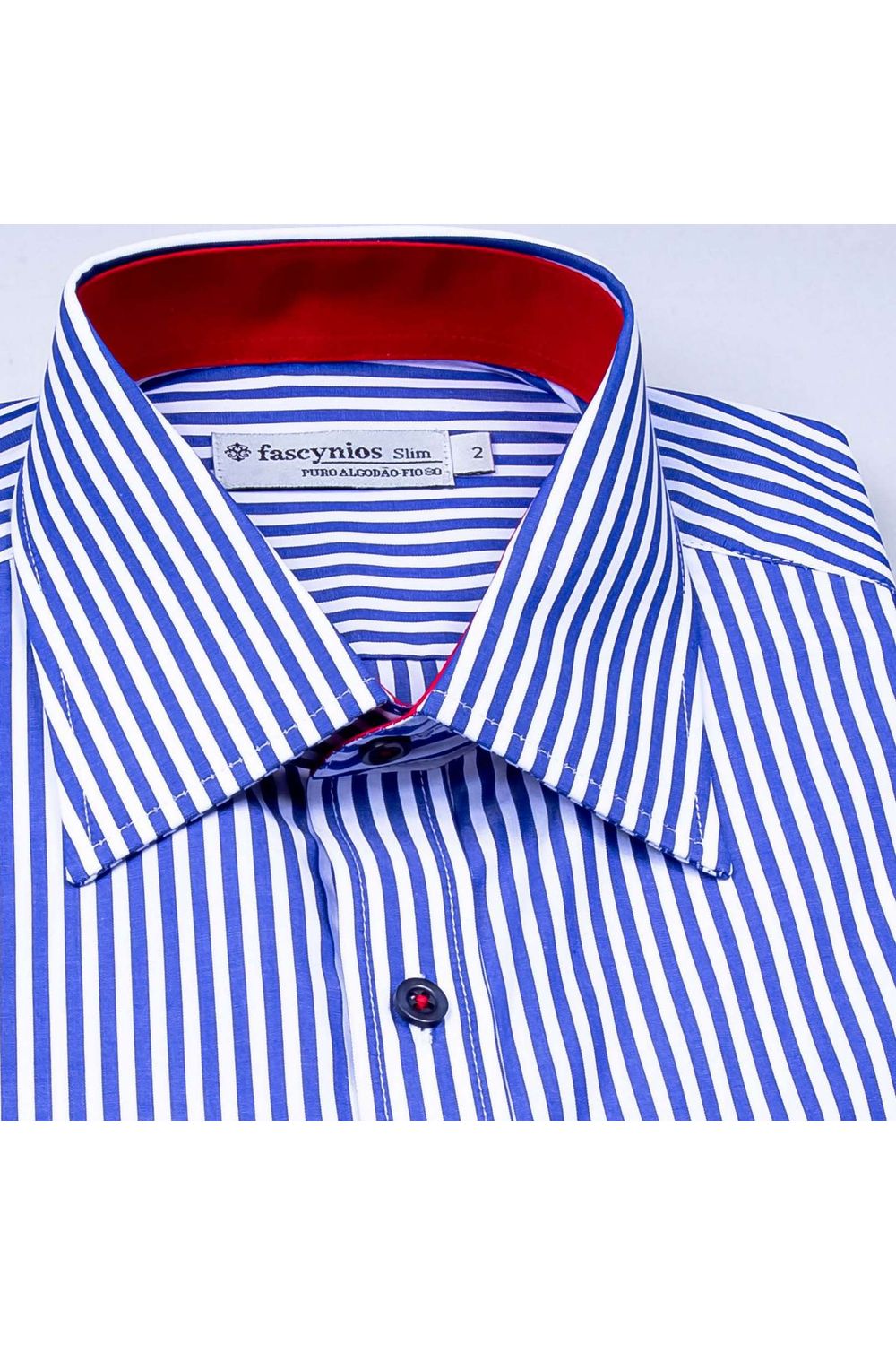 Camisa Slim Listrada Algodão Fio 80 ML Azul Escuro