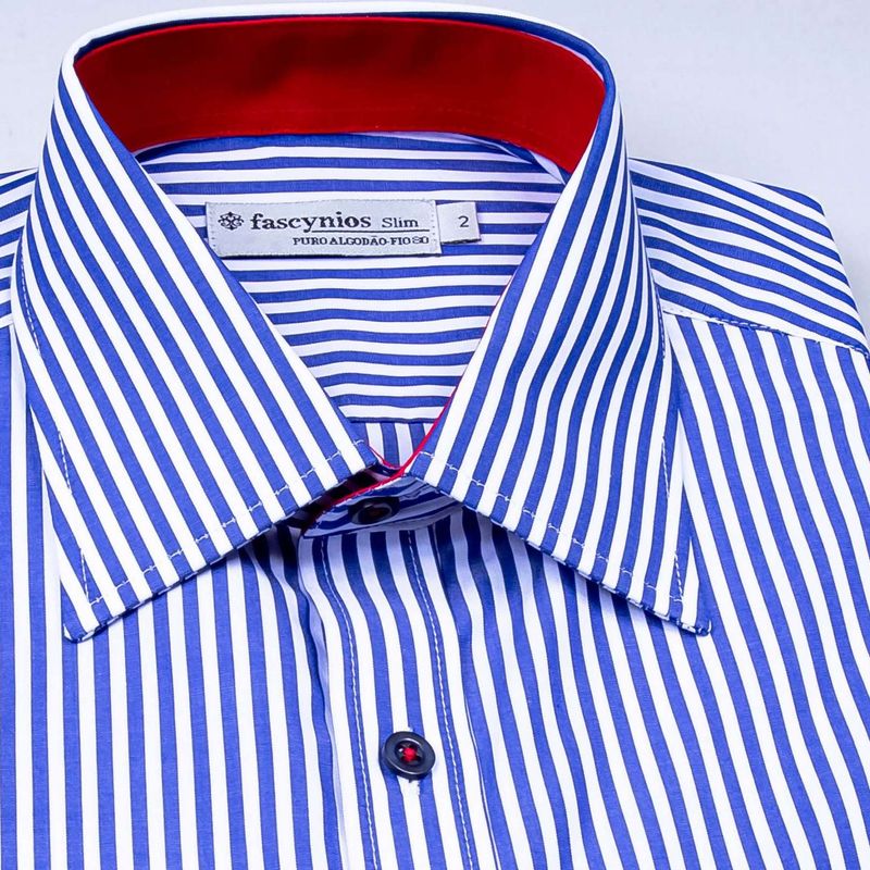 Camisa Slim Listrada Algodão Fio 80 ML Azul Escuro