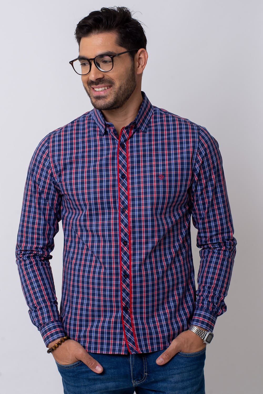 Camisa Slim Xadrez Algodão ML Azul Escuro