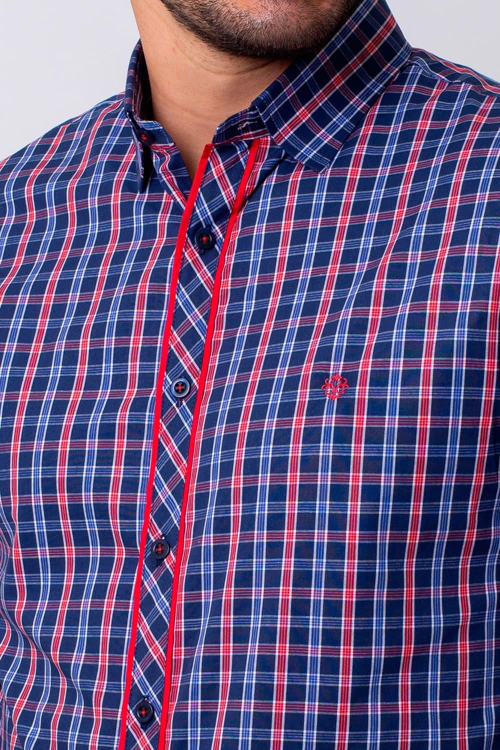 Camisa Slim Xadrez Algodão ML Azul Escuro