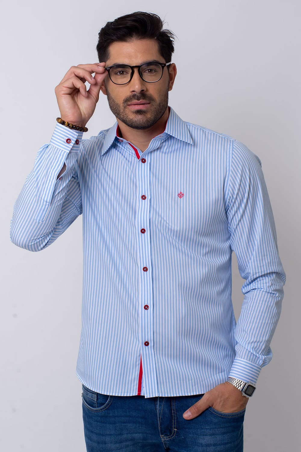 Camisa Slim Listrada Algodão Fio 80 ML Azul Claro