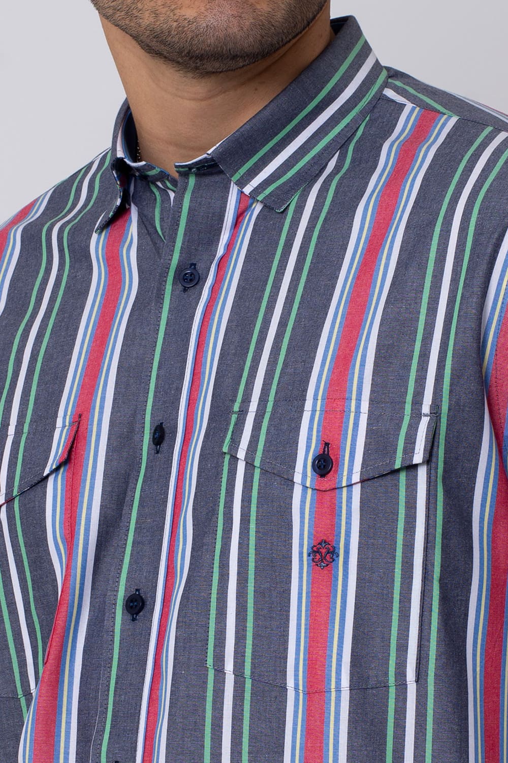 Camisa Listrada Algodão ML Azul Médio