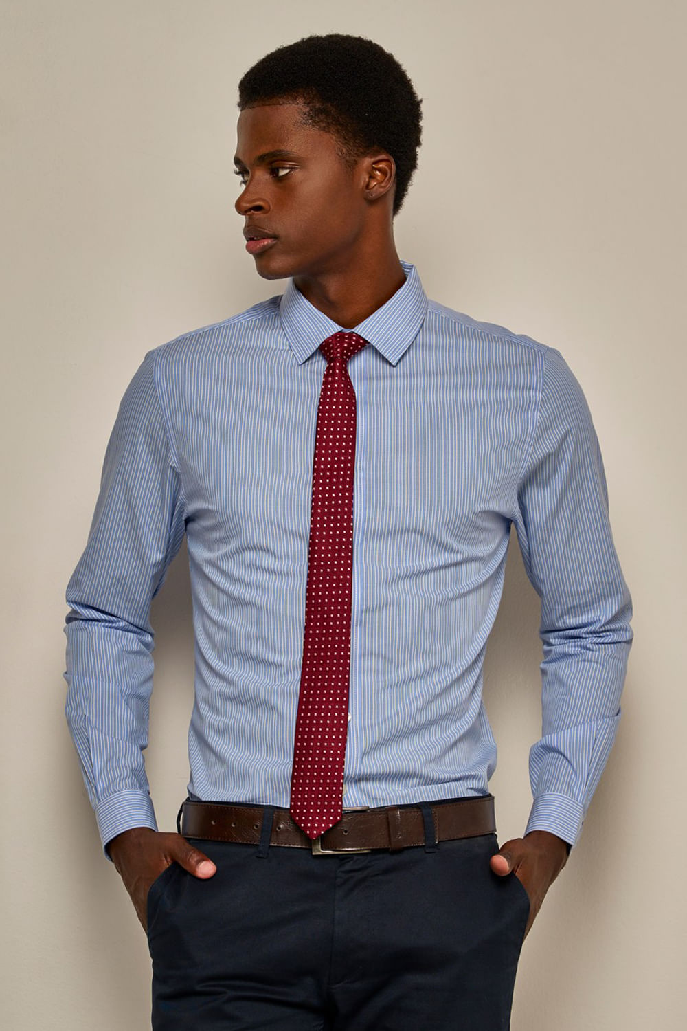 Camisa Slim Listrada Algodão ML Azul Claro