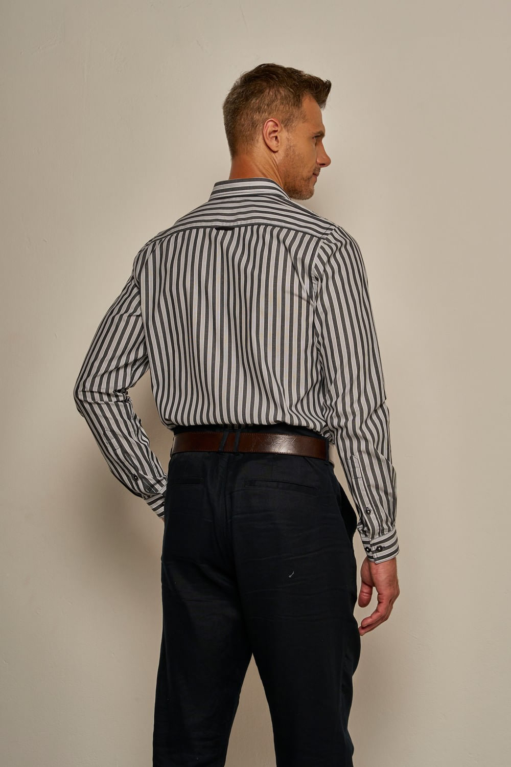 Camisa Slim Listrada Algodão ML Grafite