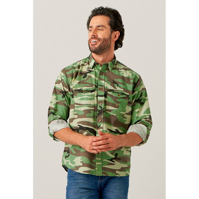 Camisa Estampada Algodão ML Verde Escuro