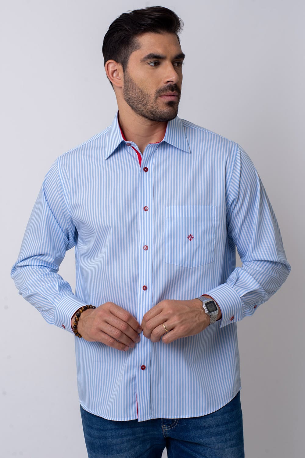 Camisa Listrada Algodão Fio 80 ML Azul Claro