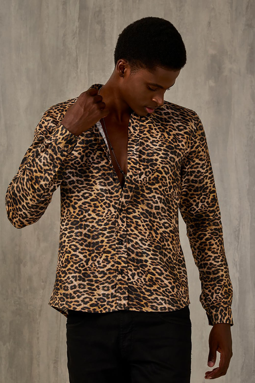 Camisa Slim Estampada Puro Linho ML Azul Escuro